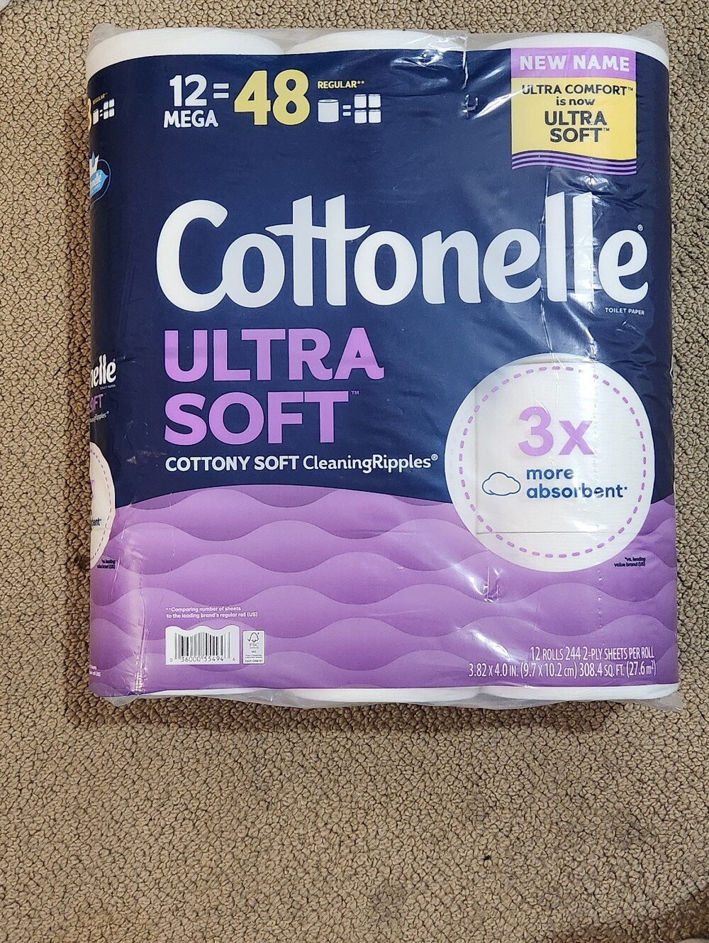 New Package Of Cottonelle Uktra Soft Toilet Paper 12 Mega Rolls=48 Regular Rolls